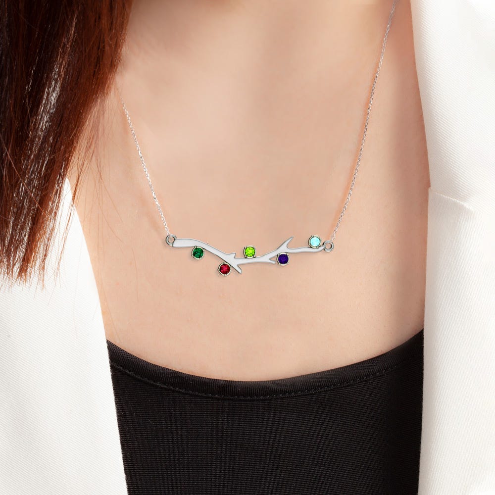 Personalized Family Tree Branch Pendant with up to 6 Birthstones w/ Chain