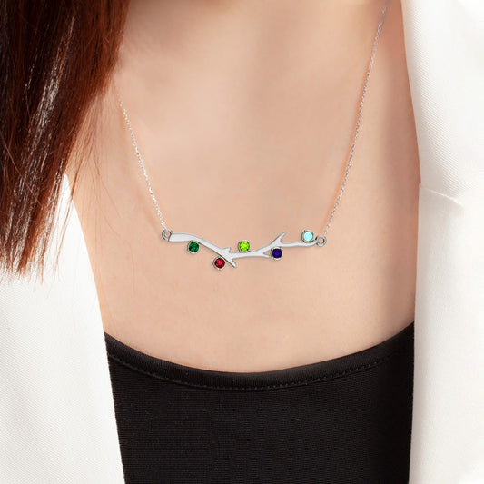 Personalized Family Tree Branch Pendant with up to 6 Birthstones w/ Chain