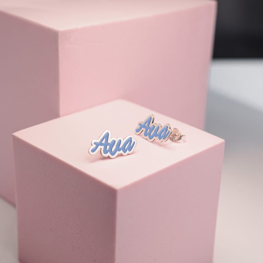 Pair Of Color Enamel Script Name Earrings