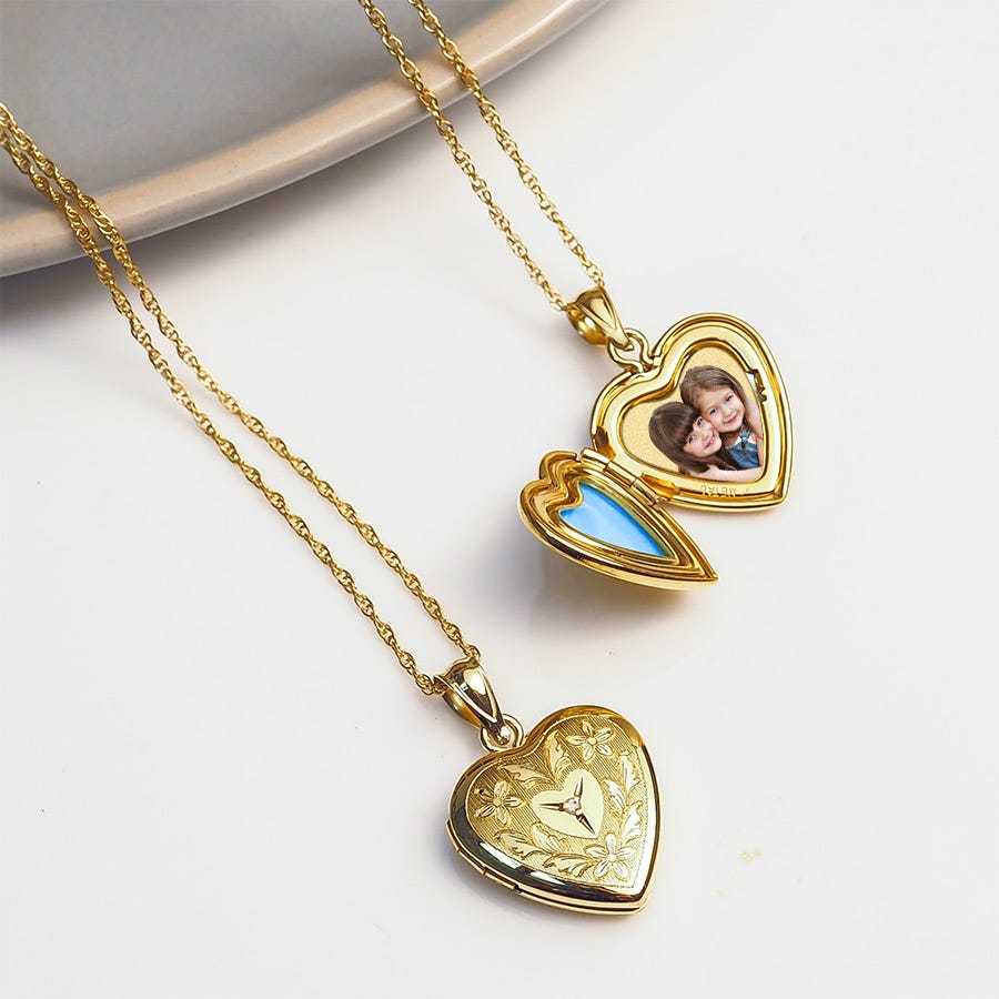 14K Gold Filled Floral Heart Photo Locket with Diamond