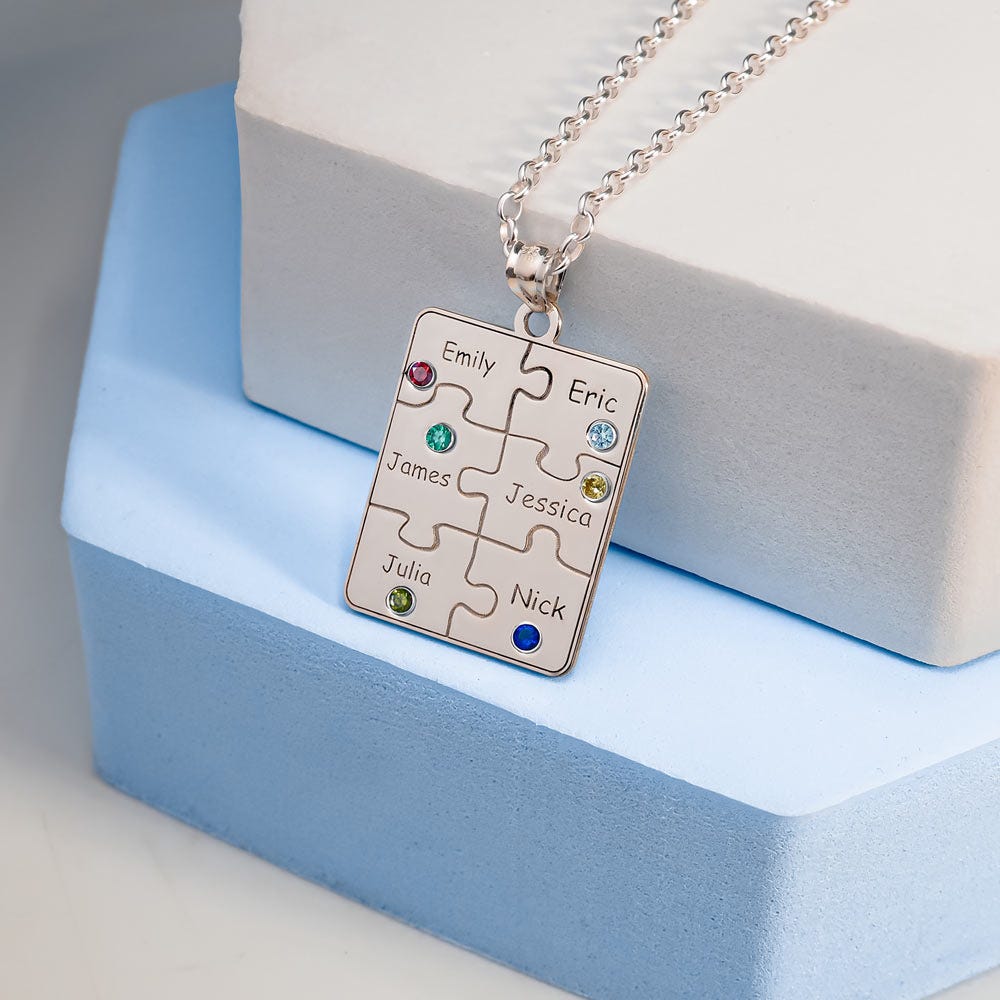 Personalized Family Six Piece Jigsaw Puzzle Pendant- Includes 18 Inch Chain