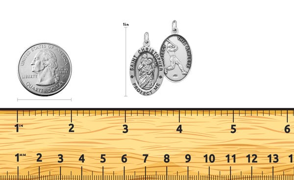 Sterling Silver Saint Christopher Double Sided Baseball Oval Religious Medal w/ Chain