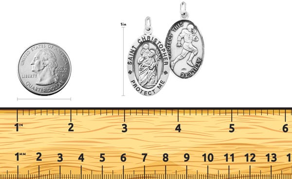 Sterling Silver Saint Christopher Double Sided Football Oval Religious Medal w/ Chain