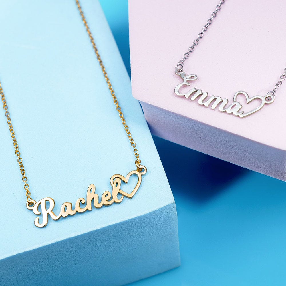 Personalized Script Name Necklace with Open Heart - Chain Included