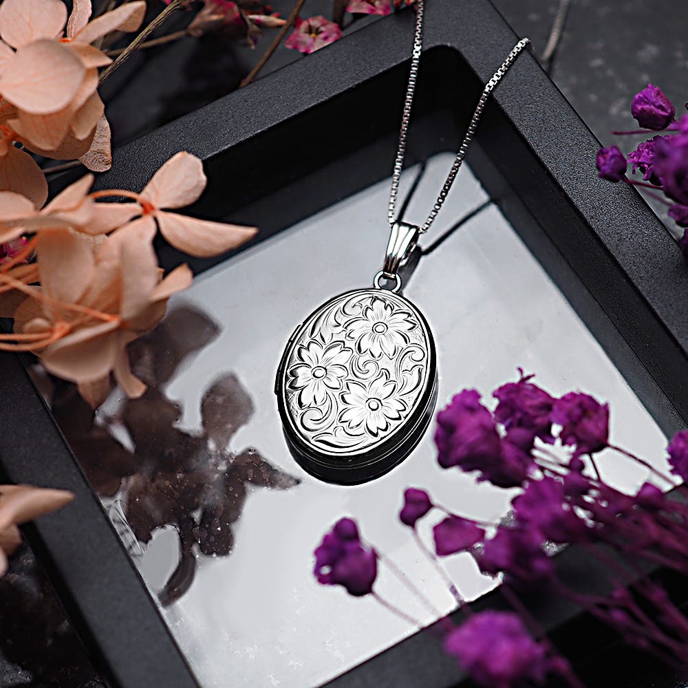 Sterling Silver Floral Oval Photo Locket