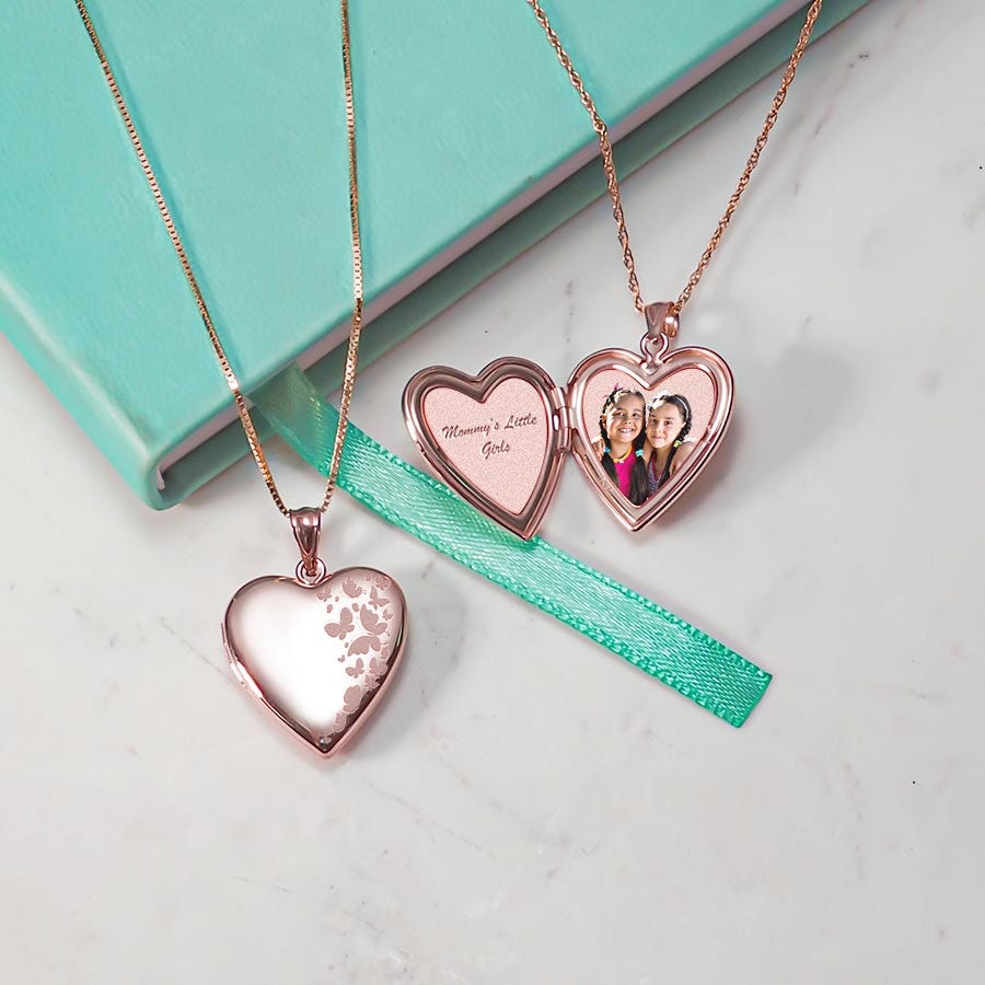 Rose Gold Plated "Butterflies" Heart Photo Locket