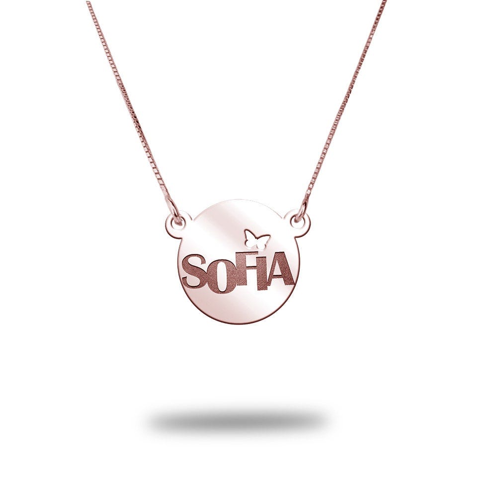 Modern Dianty Round Name Pendant w/ Butterfly Cut-Out