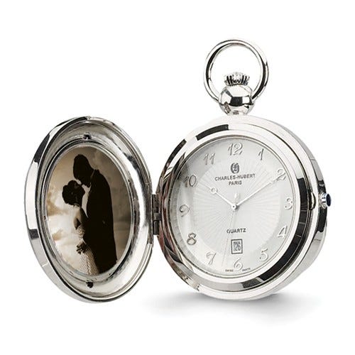Charles Hubert Double Engraving Quartz Photo Pocket Watch - Chrome Tone