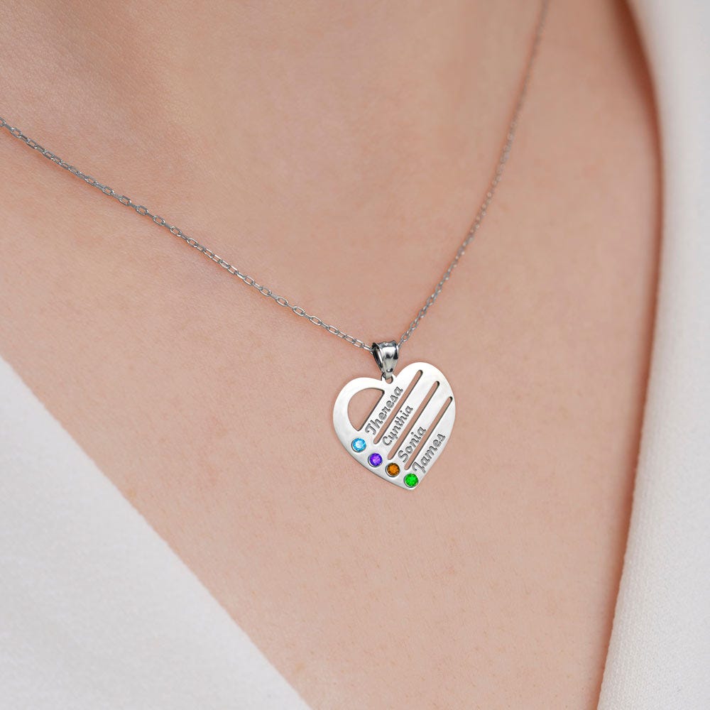 Personalized Heart Family Pendant With 4 Birthstones & Names - Includes 18 inch Chain