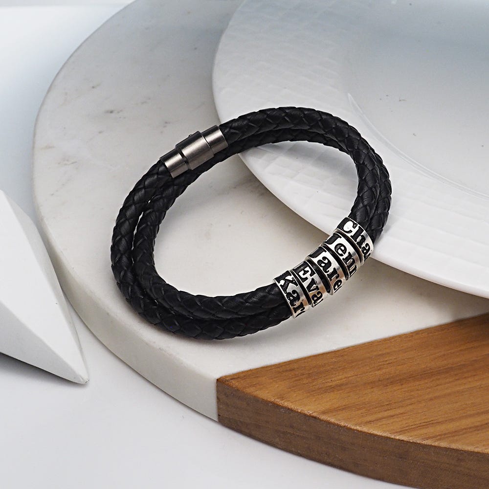 Black Leather Bracelet with Personalized Beads