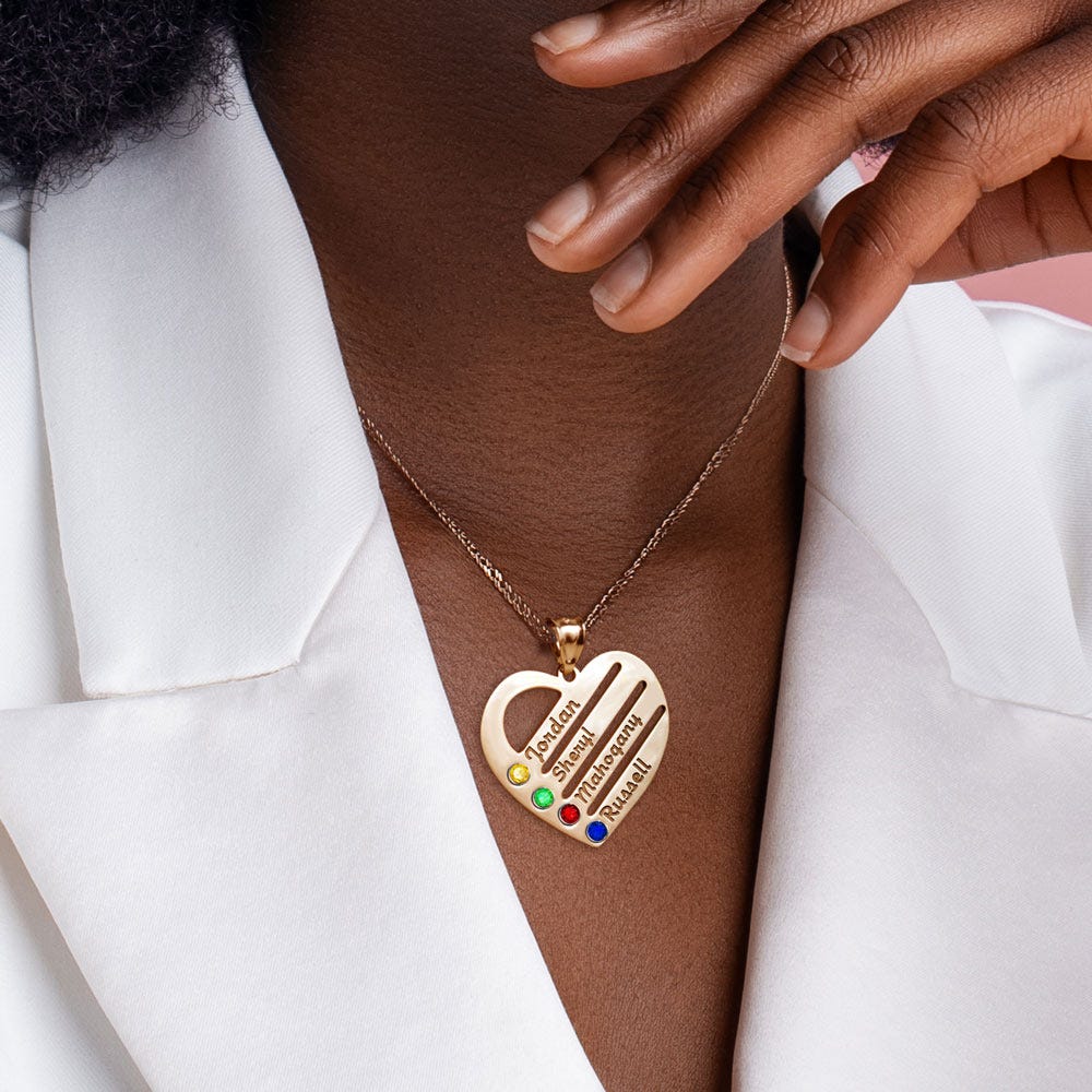 Personalized Heart Family Pendant With 4 Birthstones & Names - Includes 18 inch Chain