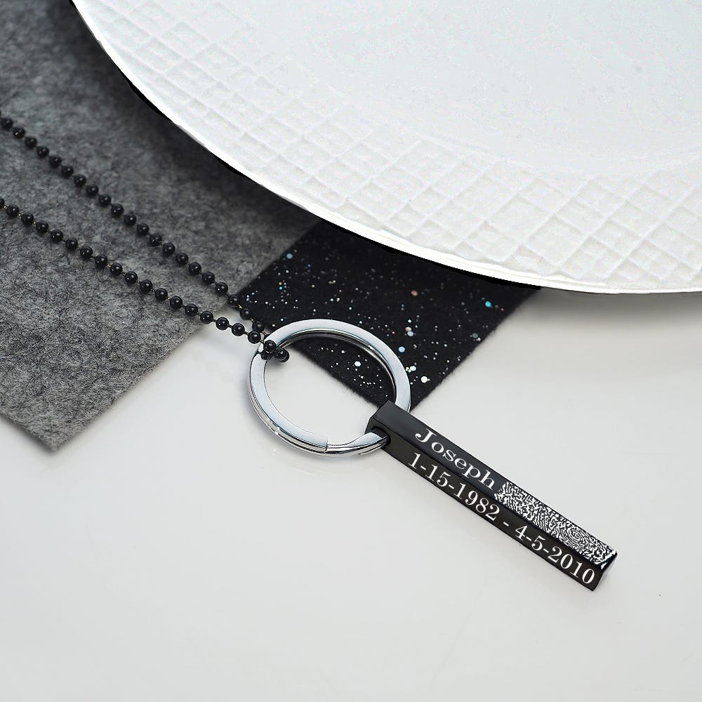 Personalized Black Stainless Steel Fingerprint Vertical 3D Bar Necklace