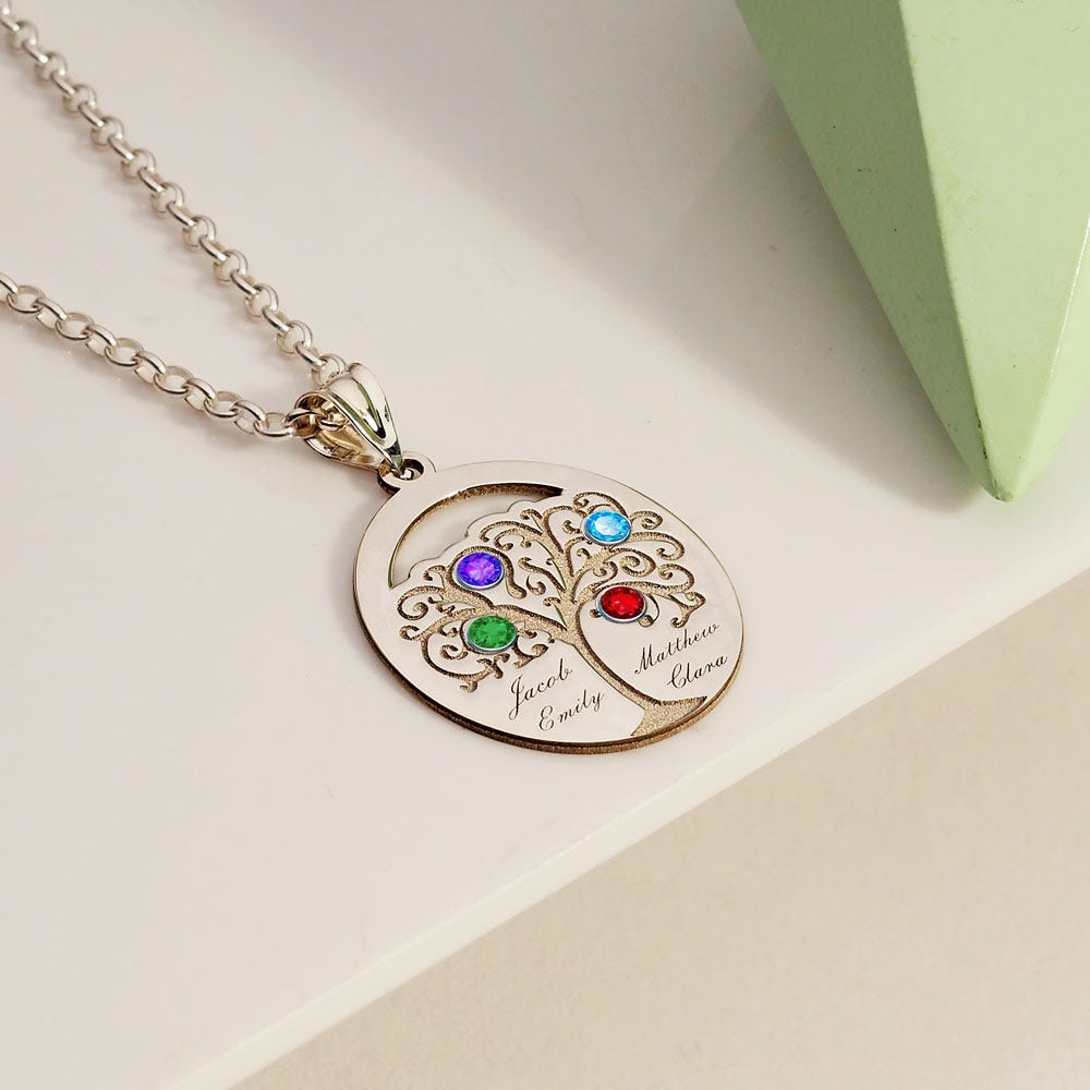 Personalized Family Tree Pendant with 4 Names and Birthstones- Includes 18 Inch Chain