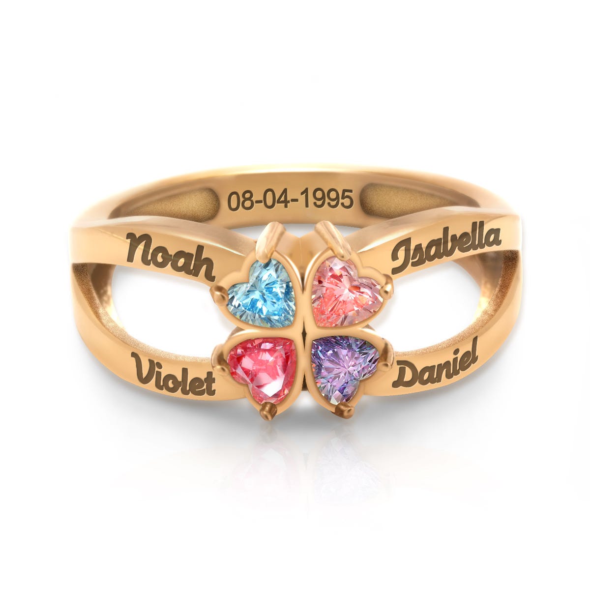 Personalized 4 Heart Shaped Birthstone Ring
