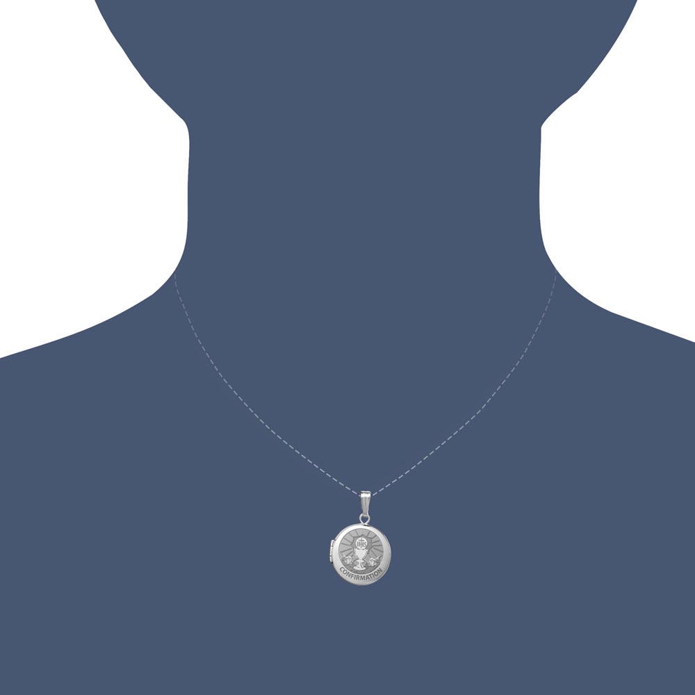 14k White Gold Round Confirmation "Chalice and  Angels" Locket