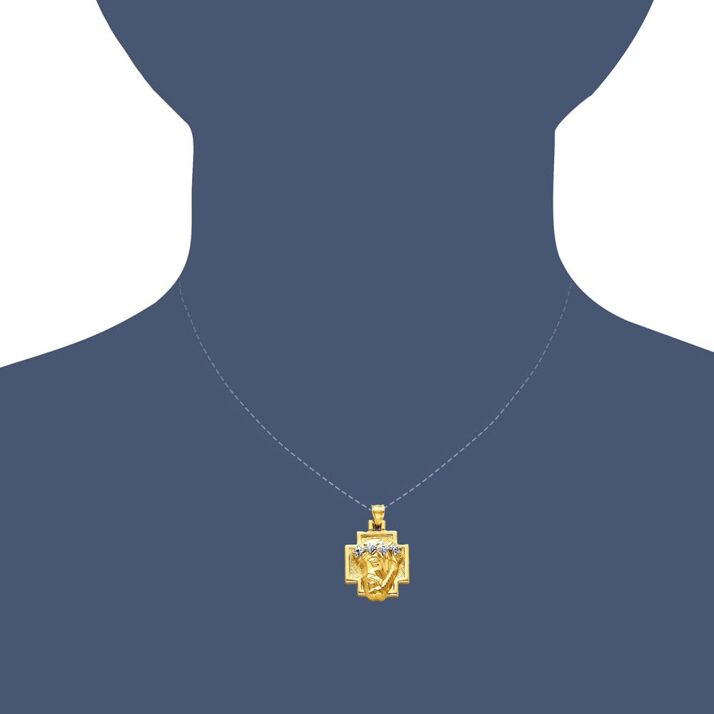 14K Two Tone Gold Christ Head and Cross with Polished Border
