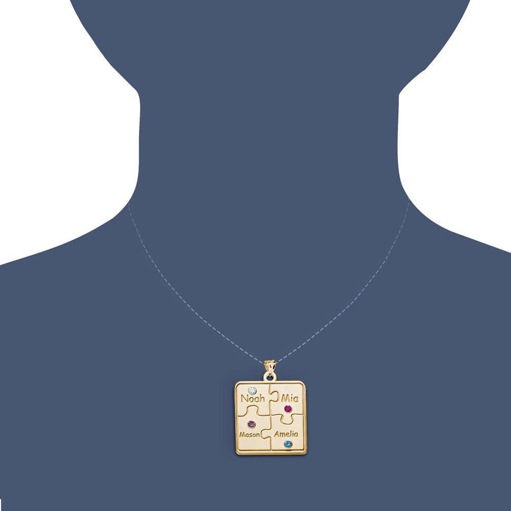 Personalized Family 4-Piece Puzzle Pendant with Names and Birthstones - Included 18 inch Chain