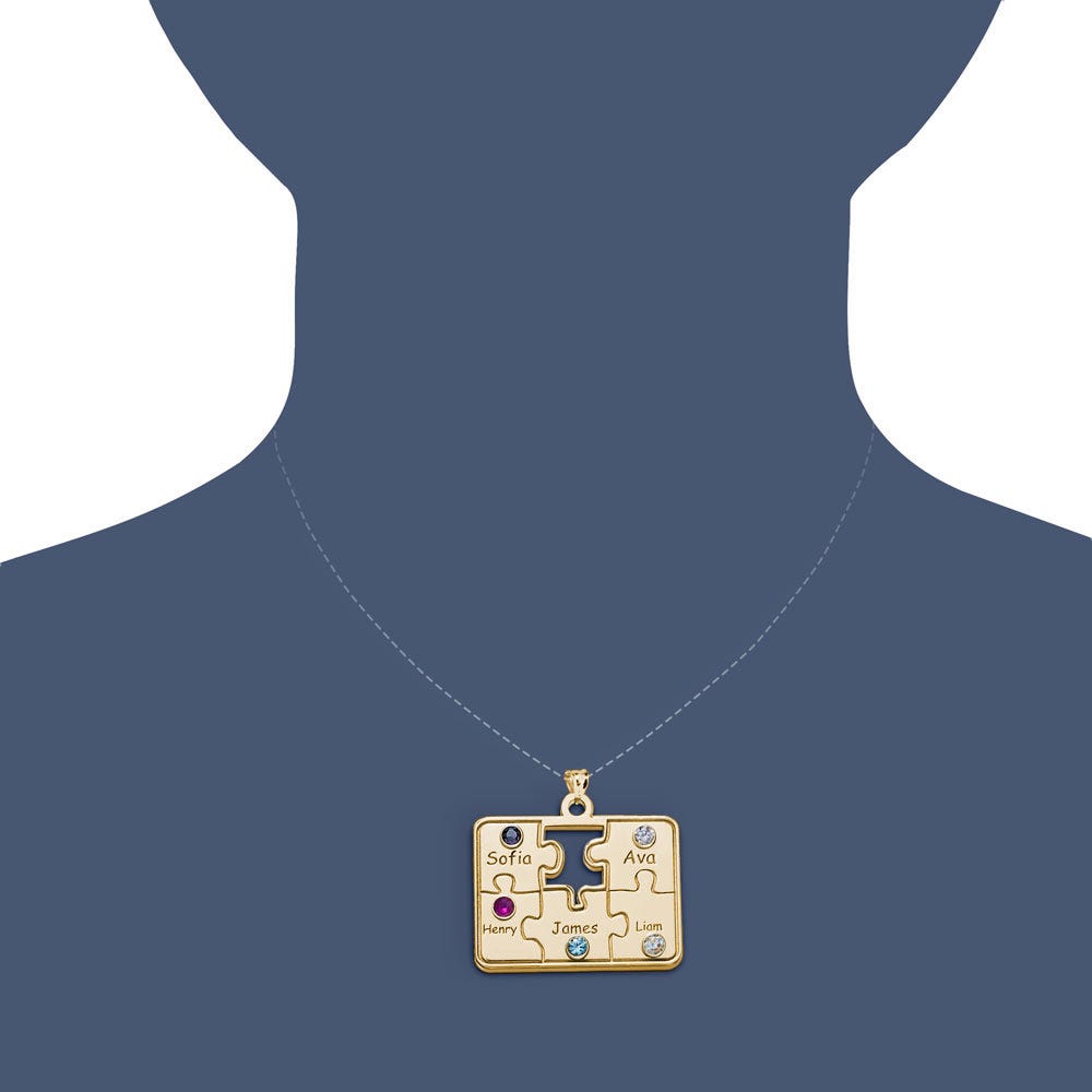 Personalized Family Five Piece Jigsaw Puzzle Pendant w/ Names & Birthstones- Includes 18 Inch Chain