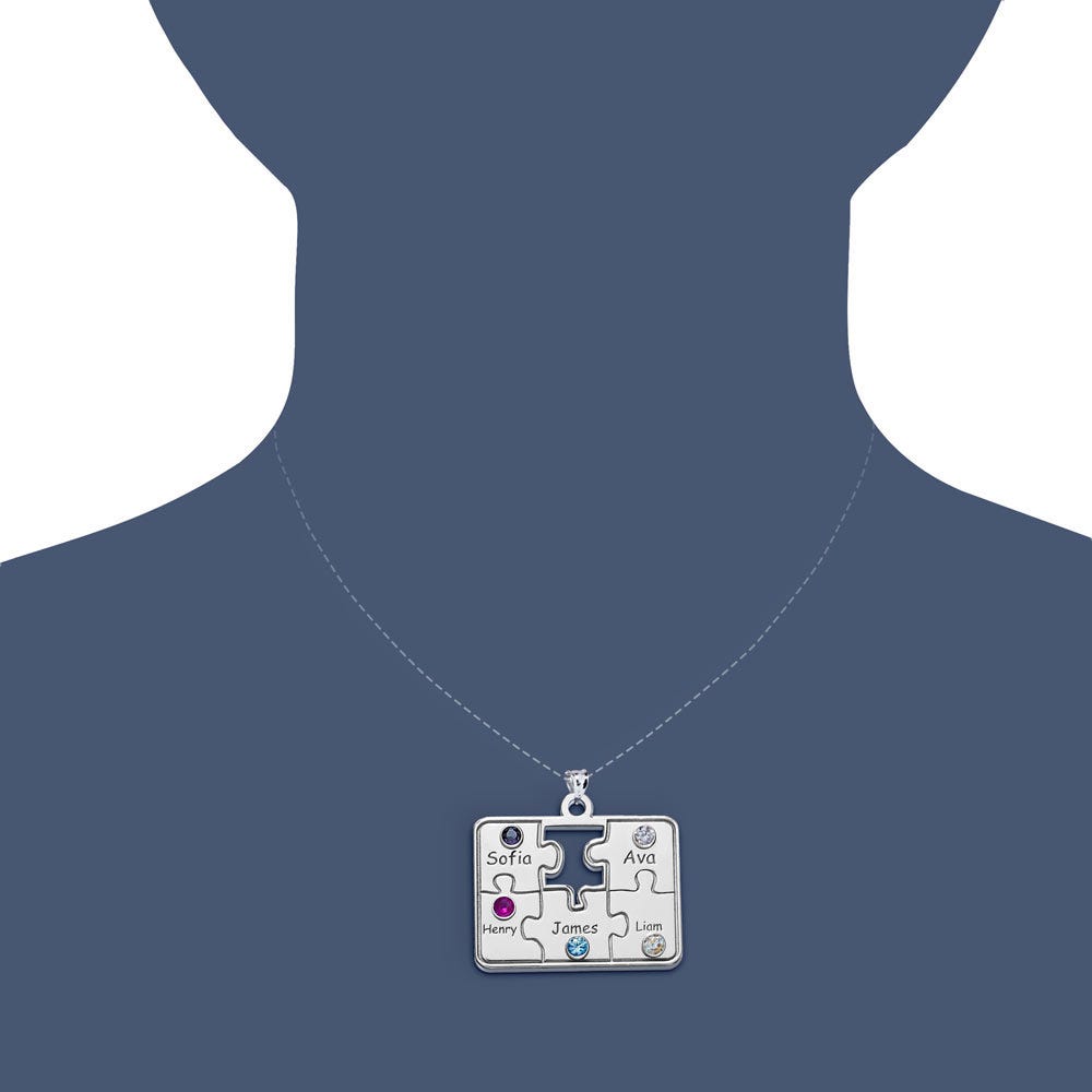 Personalized Family Five Piece Jigsaw Puzzle Pendant w/ Names & Birthstones- Includes 18 Inch Chain