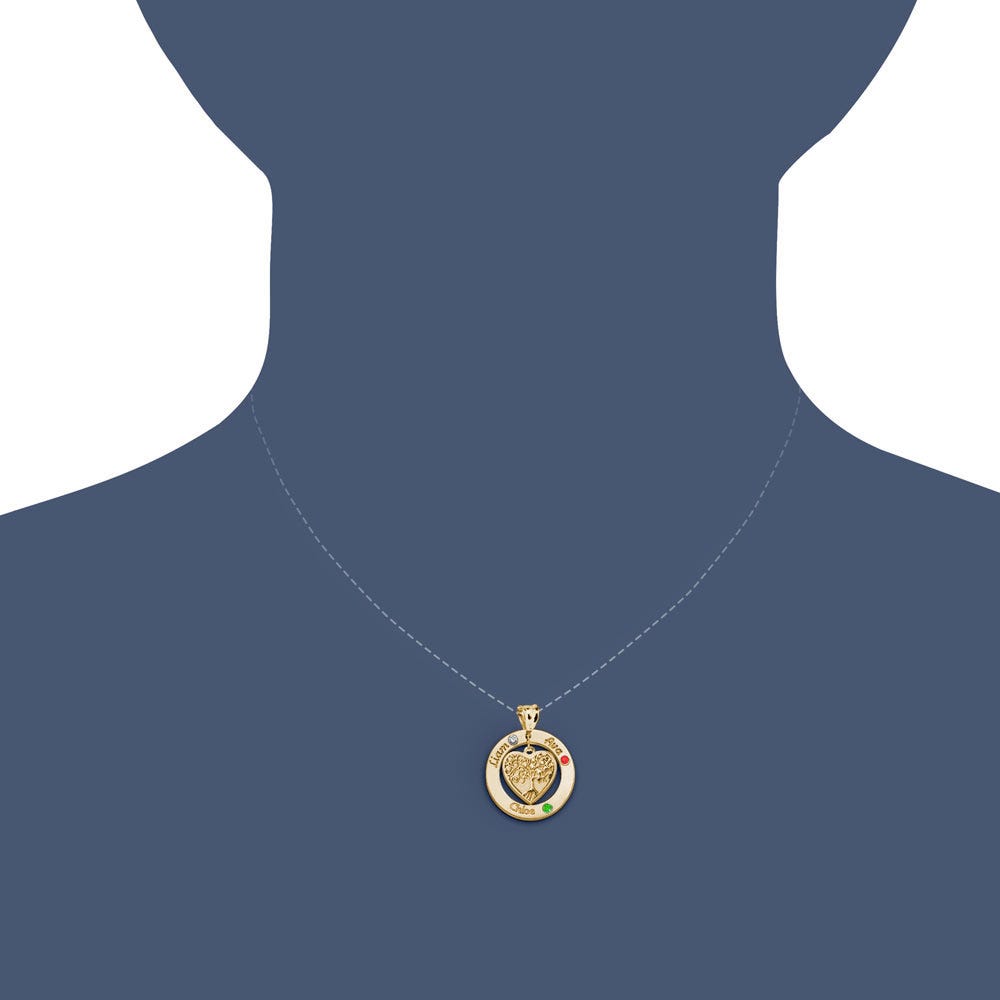 Personalized Round Family Tree Pendant with Three Birthstones & Names- Includes 18 Inch Chain