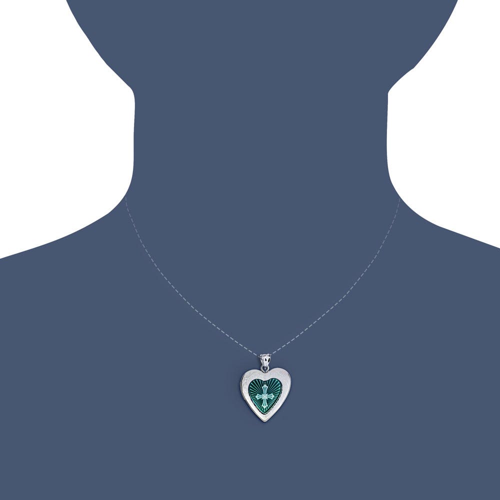 Sterling Silver Green Cross Cameo Heart Photo Locket