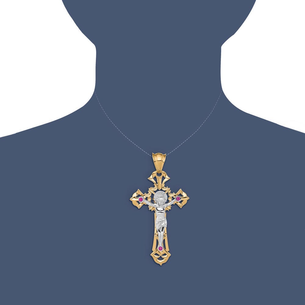 14k Two-tone Polished with Red CZs Crucifix Pendant