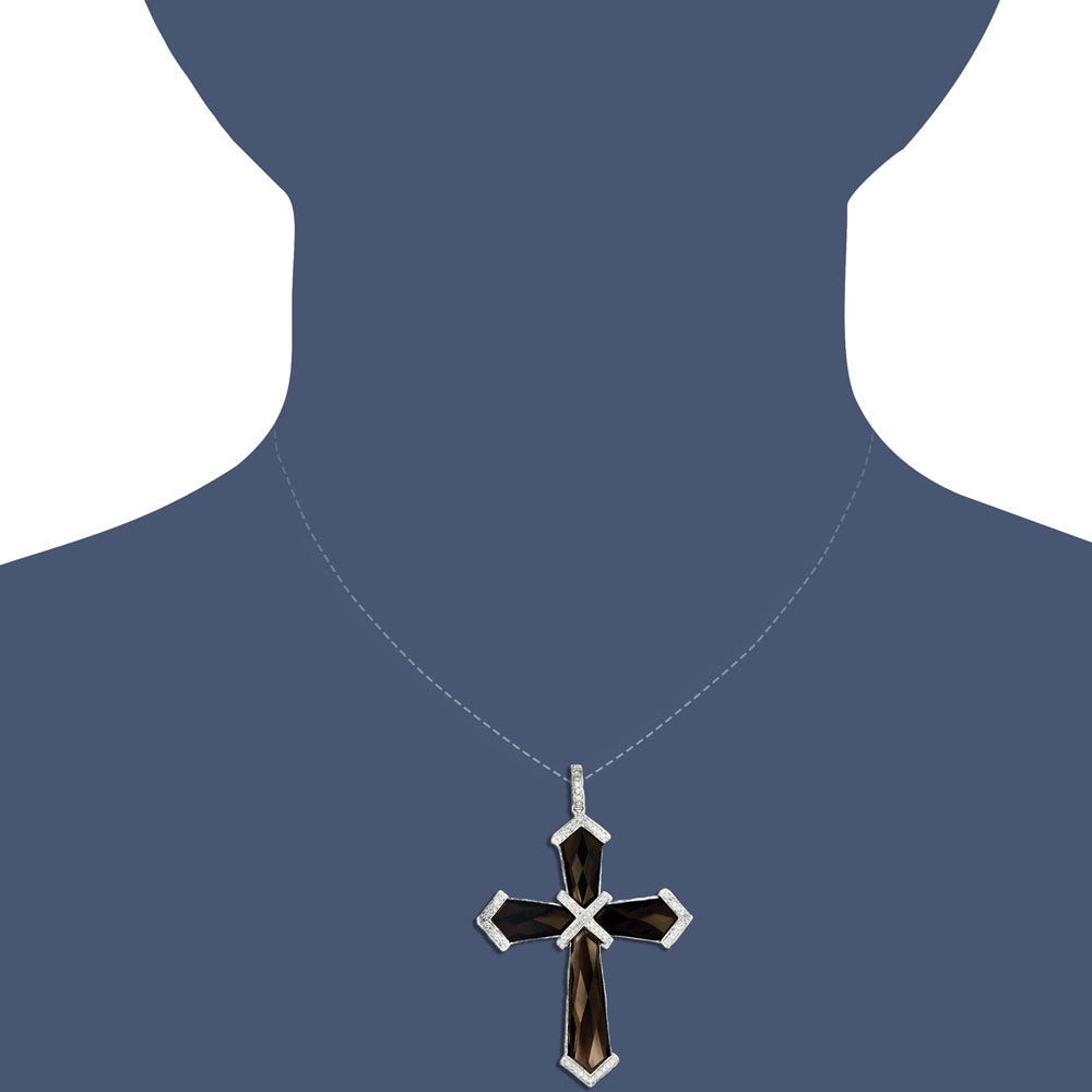 14k White Gold Diamond & Smoky Quartz Cross Pendant