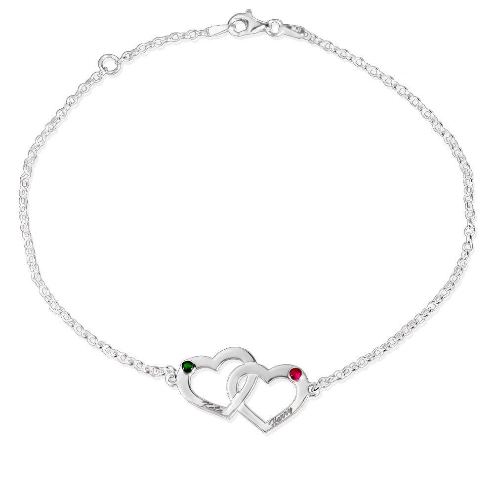 Interlocking Heart Bracelet with Two Birthstones & Two Names