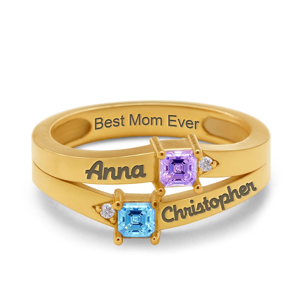 Square Shaped 2 Birthstone Wavy Ring