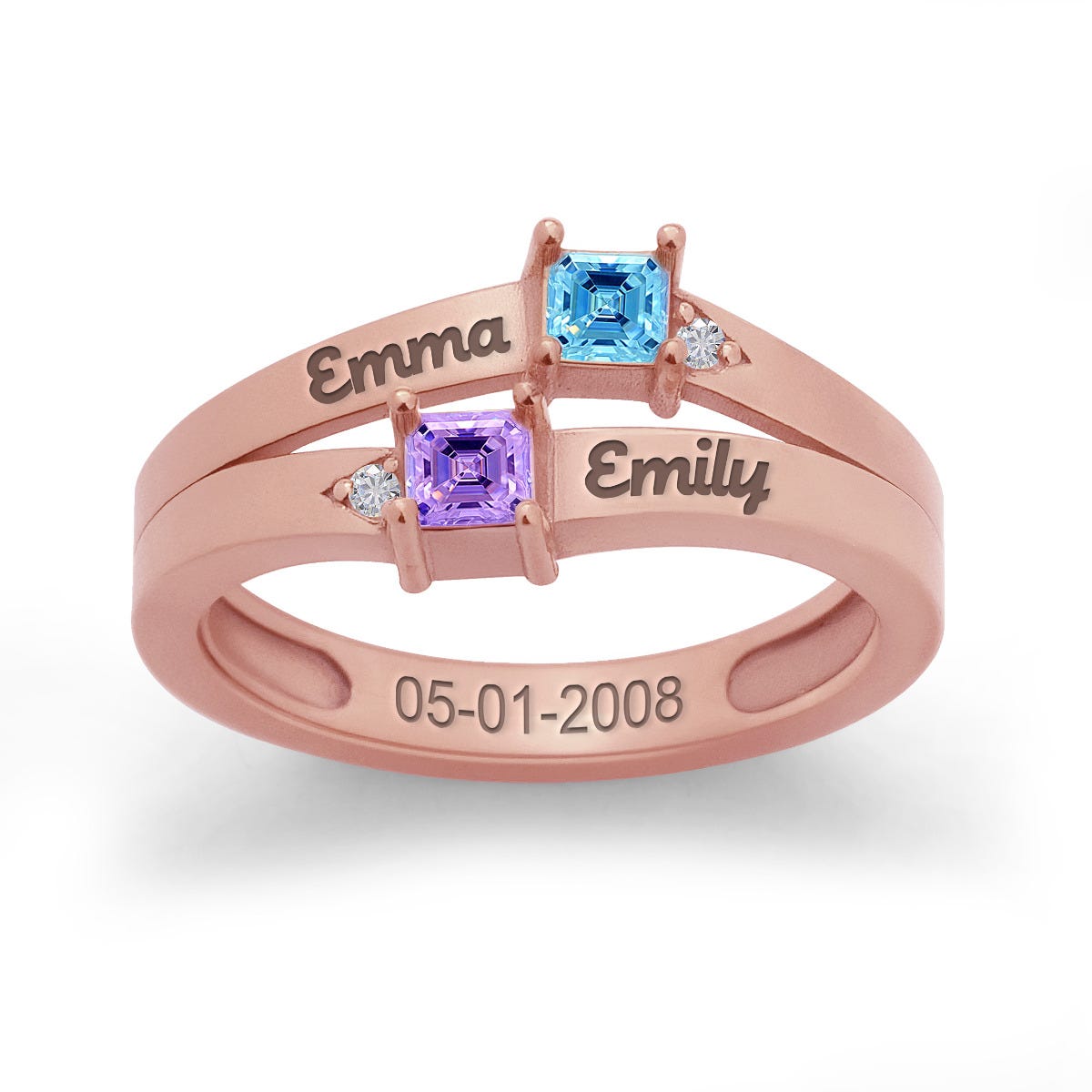 Square Shaped 2 Birthstone Wavy Ring