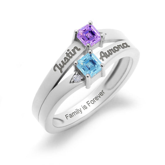 Square Shaped 2 Birthstone Wavy Ring