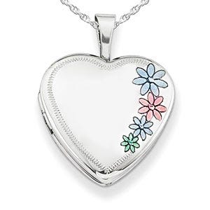 Sterling Silver Enameled Flower Heart Photo Locket