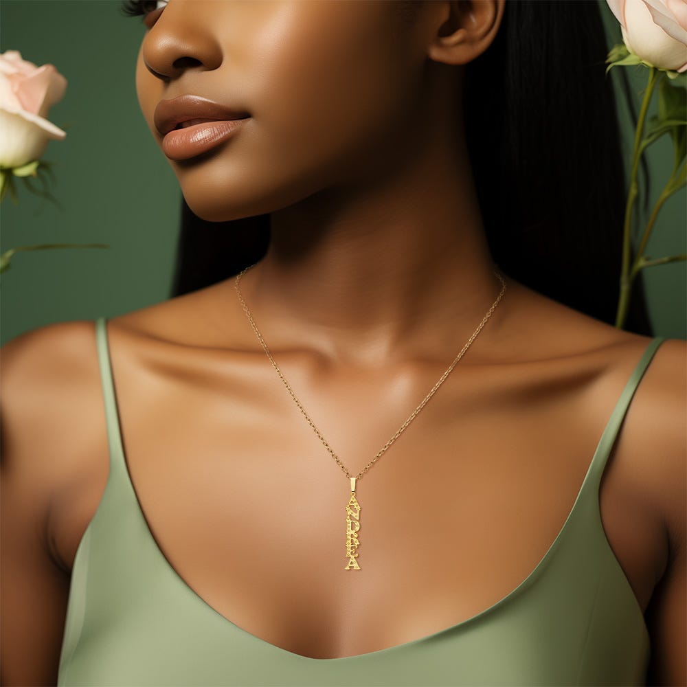 14K Yellow Gold Block Vertical Name Necklace w/ Star Accents and Box Chain